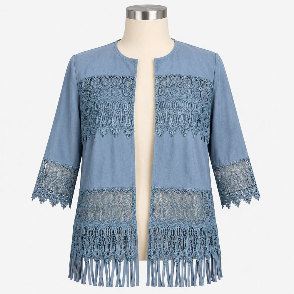Chico's Blue Faux Suede Lace Fringe Open Front Jacket Women's Large Size 2 Boho